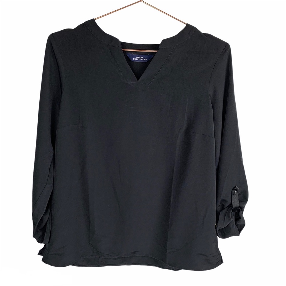 Lands’ End‎ Roll Tab Sleeve Split Neck Top Black